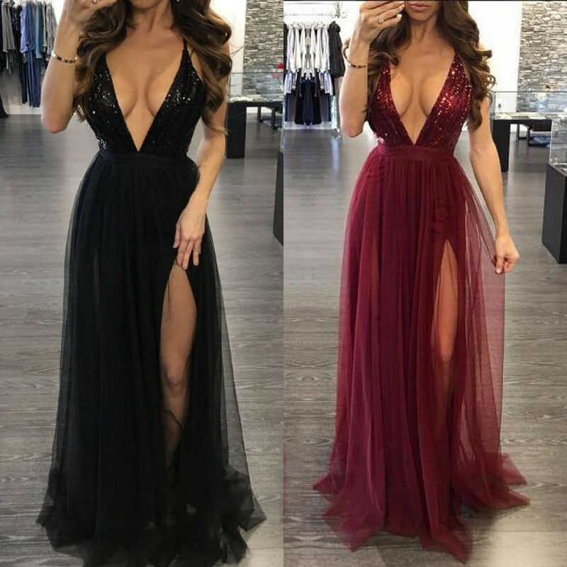 Fashion Deep V Neck Sleeveless Elegant Prom Sexy  Evening Dress