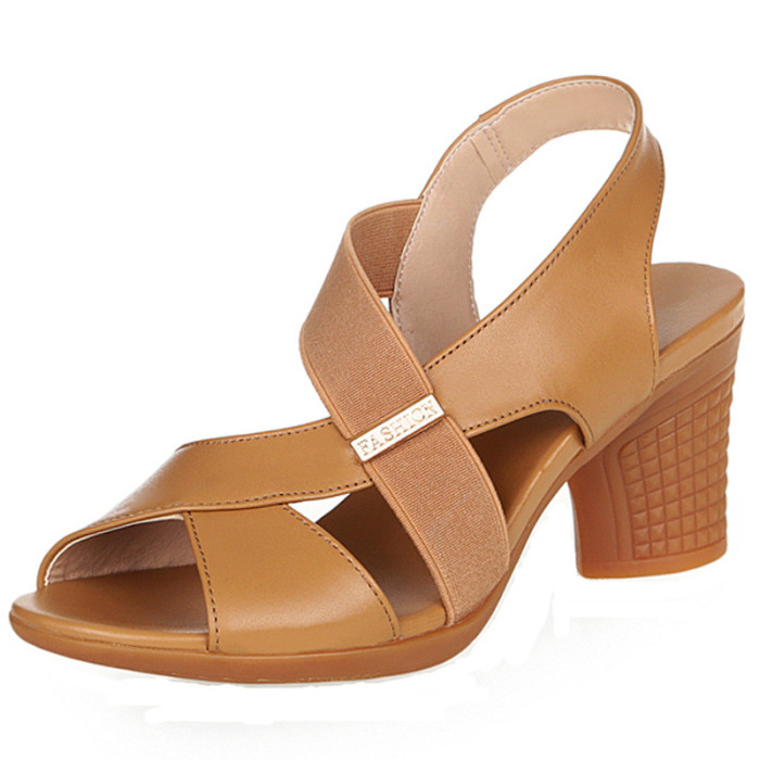 Platform Round Mid Heel Strap Open Toe Pu Leather Casual Fashion Sandals