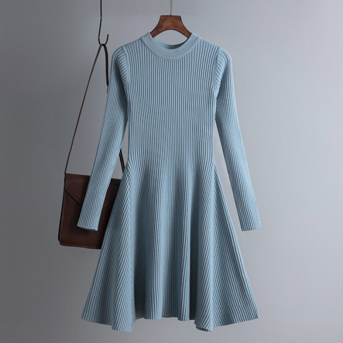 Fashion Solid Color A-Line Elegant Slim Knit Mini  Sweater Dress