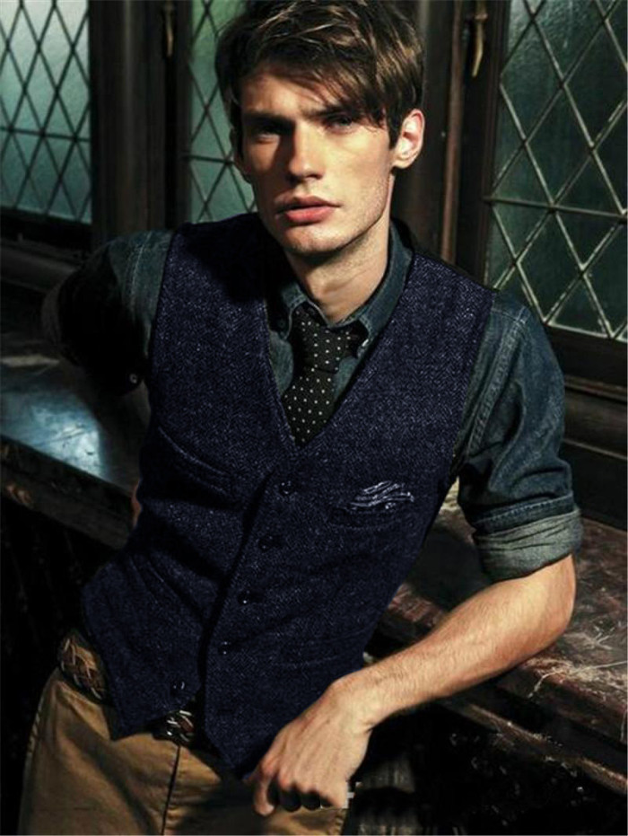 Men's Fashion Wool Single Breasted Herringbone Tweed Casual Vest