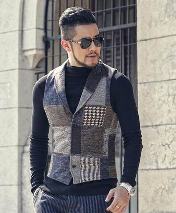 Men's Fashion Lapel Collar Stitching Retro Patch Plaid Wool Casual Slim Vest