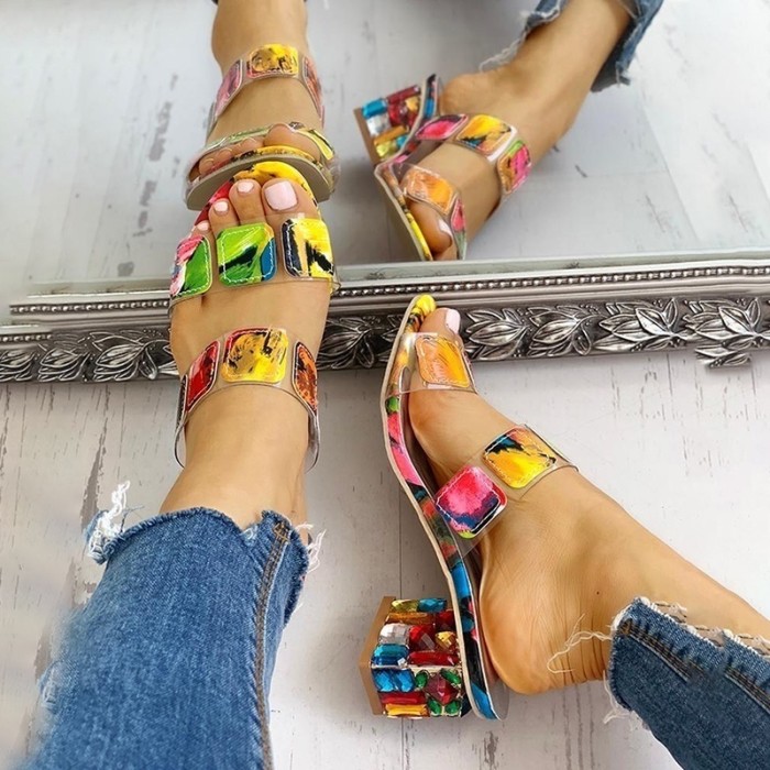 Square Heel Summer Open Toe Multicolor Wedge Sandals