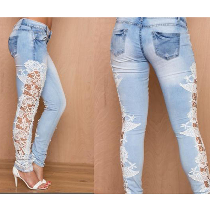 Fashion Sexy Cutout Slim Stretch Lace Floral Jeans