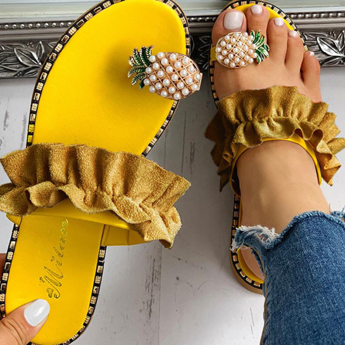 Beach Slippers  Pineapple Flat Slippers Shiny Crystal Sandals