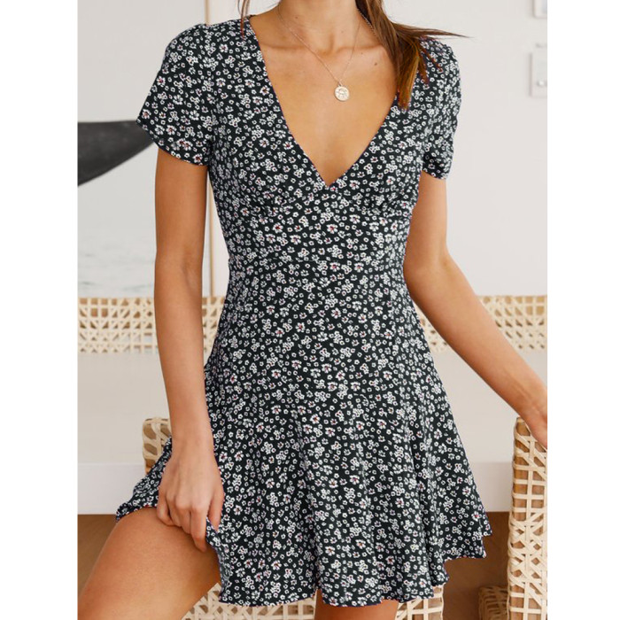 Trendy V Neck High Waisted Party Vacation Casual A-Line Flared Mini Dress