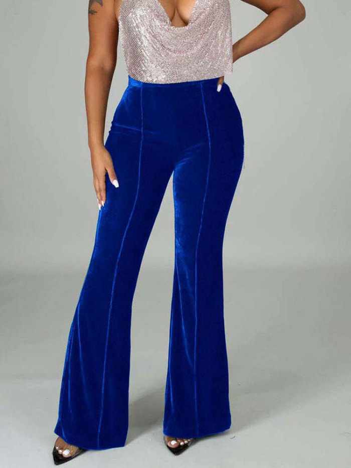 Ladies Fashion Velvet Solid Color Loose High Waist Flared Pants
