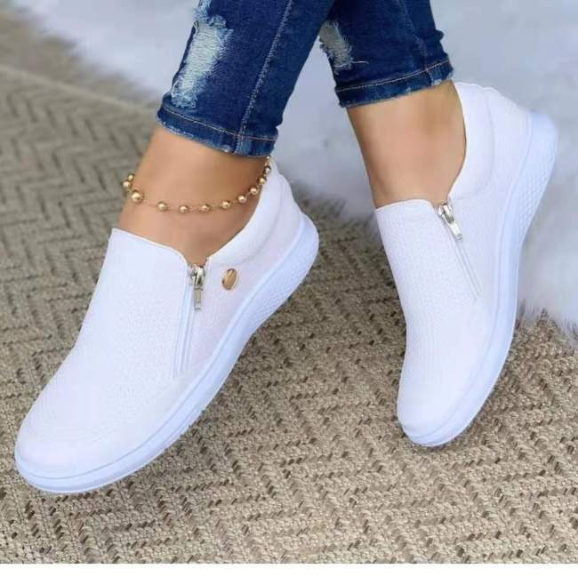 Women's Shoes Crystal Flat Zipper Embossed Leather Platform Fashion Sneakers