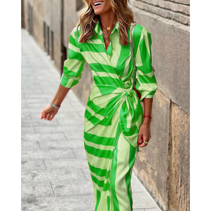 Sexy Lapel Color Block Stripe Print Elegant Pleated Casual Resort  Maxi Dress