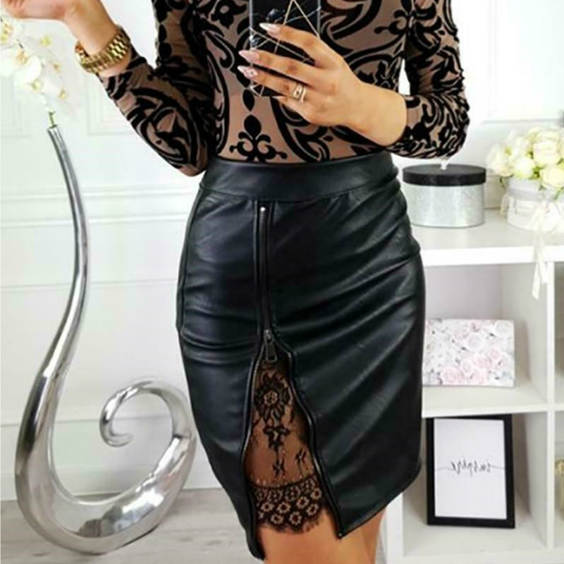 Fashion Lace Stitching High Waist PU Leather Zipper Slit Skinny  Skirt