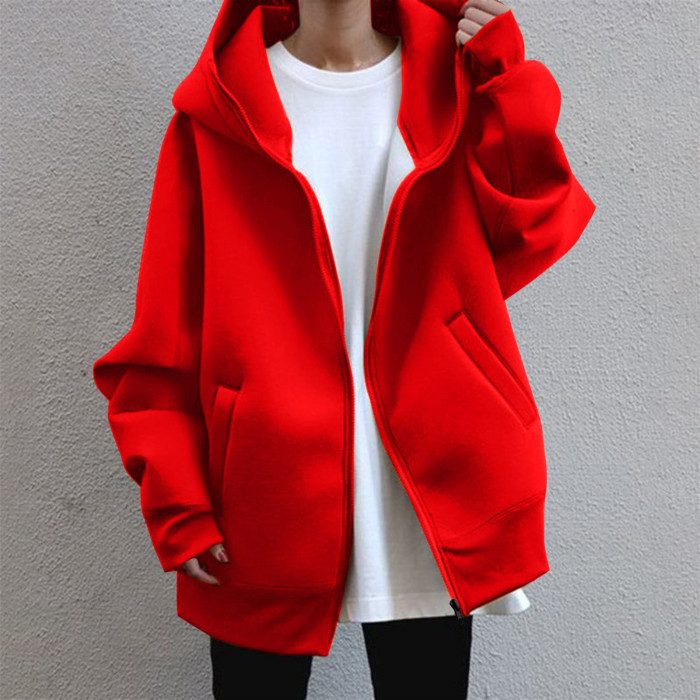 Oversized Zipper Fashion Casual Solid Color Long Sleeve Loose Hoodie Jacket