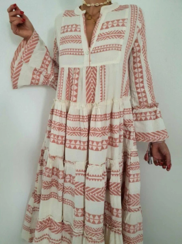 Fashion Casual Loose Ruffle Long Sleeve V Neck Striped Print Bohemian Maxi Dress