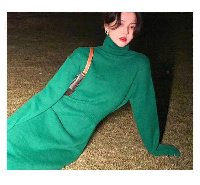 Fashion High Neck Long Sleeve High Waist Slim Solid Color Sweater Knit Dress
