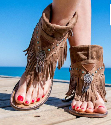 Tassel Flip High-Top Casual Flat Beaded Shell Sandals