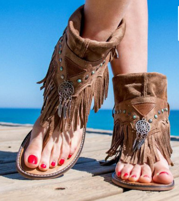Tassel Flip High-Top Casual Flat Beaded Shell Sandals