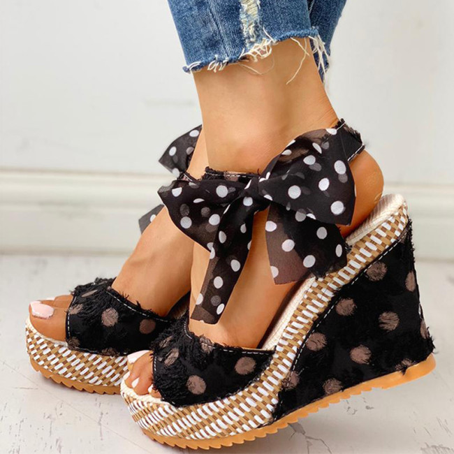 Women's Polka Dot Bow Design Platform Wedge Casual Fashion Sandals