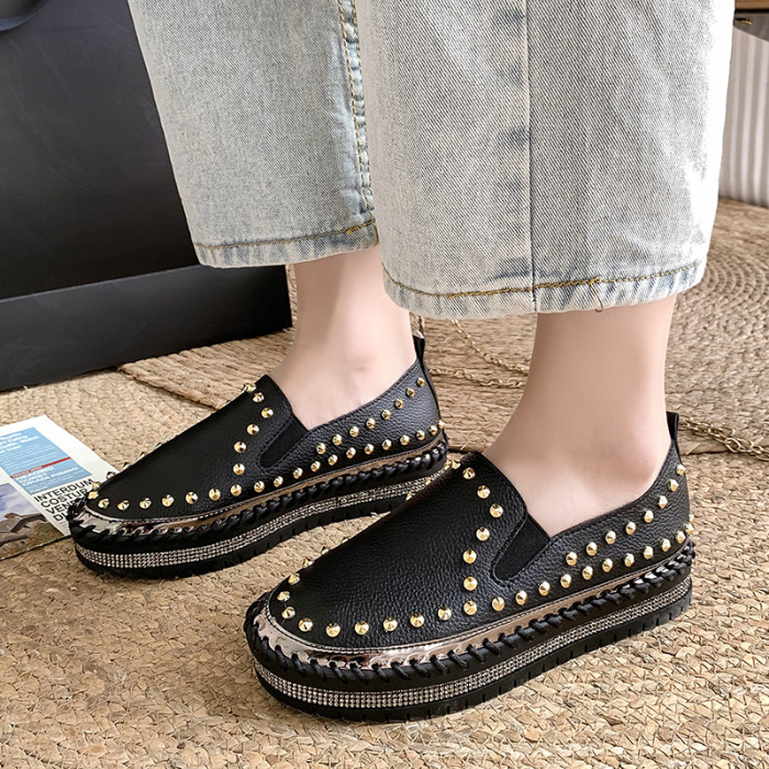 Women's Fashion Rhinestone Shiny Platform Casual Loafers Flats