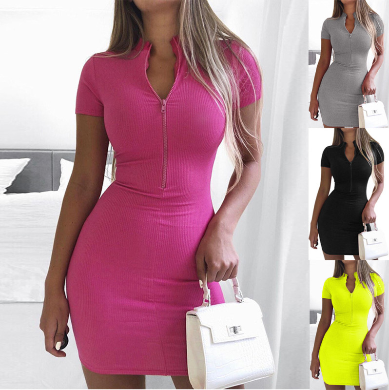 Fashion Knit Mini Sexy High Neck Short Sleeve Package Hip  Bodycon Dress
