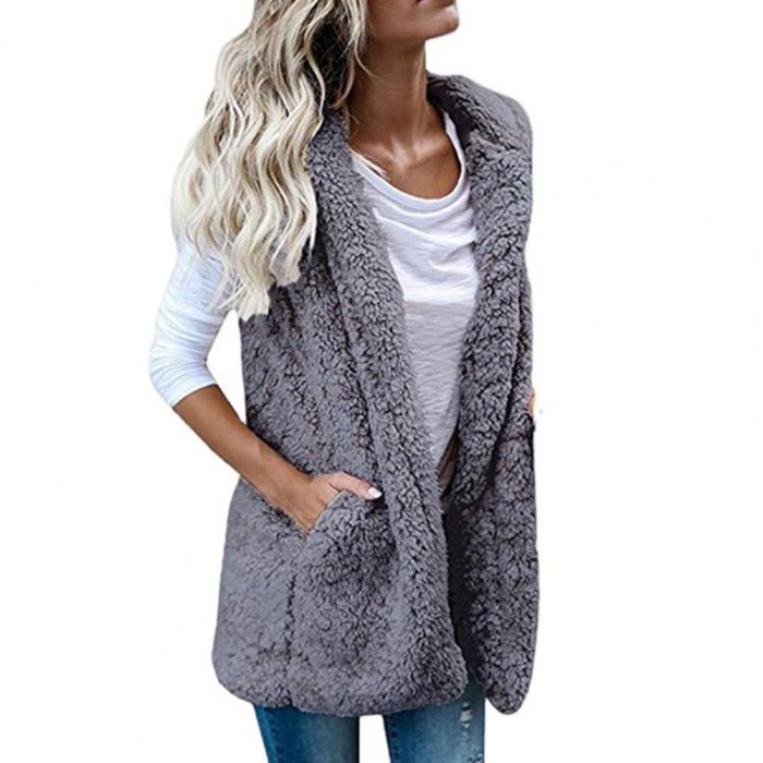 Fashion Fur Pocket Warm Fluffy Elegant Solid Color Coat Vest
