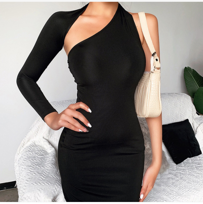 Sexy Off Shoulder Long Sleeve Prom Solid Color Irregular Slim Party Midi Dress
