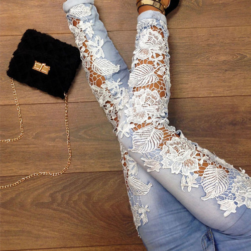 Fashion Sexy Cutout Slim Stretch Lace Floral Jeans