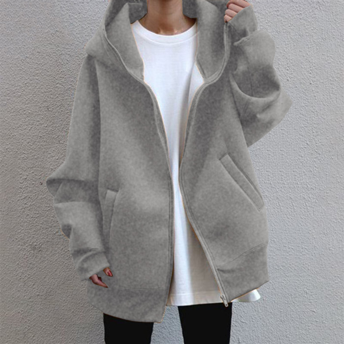 Plus Size Fashion Ladies Warm Zipper Hooded Casual Long Sleeve Jacket