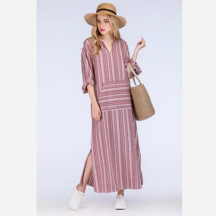 Trendy Cotton Linen Stripe Oversized Boho  Maxi Dress