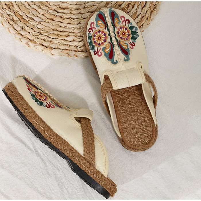 Women's Shoes Embroidered Woven Canvas Vintage Casual Mixed Color Slippers