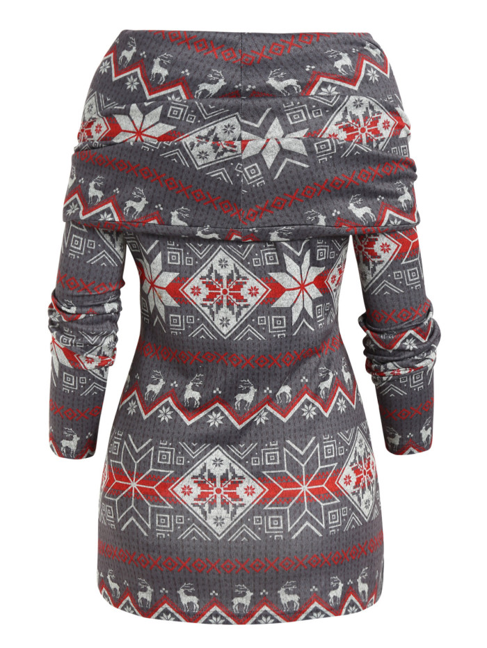 Trendy Cable Knit Elk Snow Print Asymmetric Long Sleeve Sweater