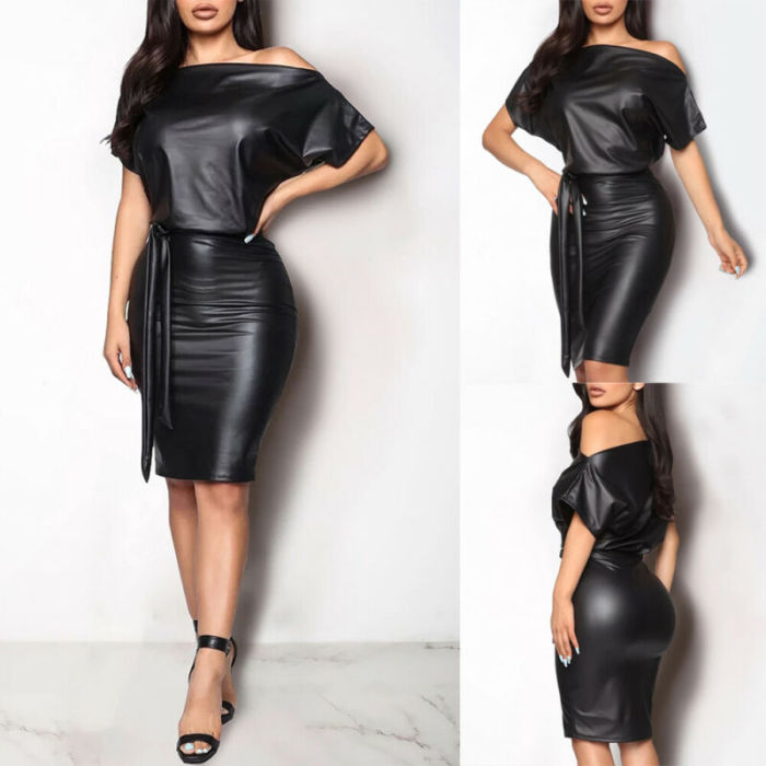 Sexy PU Leather Elegant Formal Off Shoulder Party Zipper  Bodycon Dress