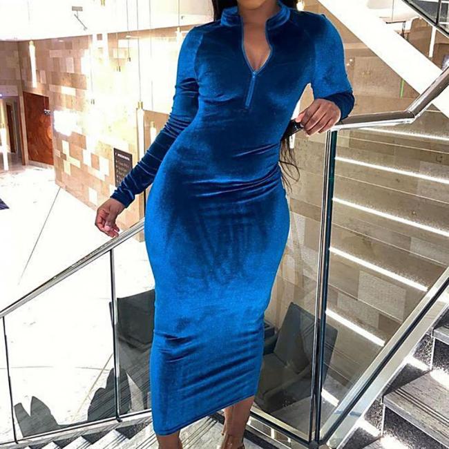 Fashion Solid Color Zipper Long Sleeves Party Elegant Bodycon Dress