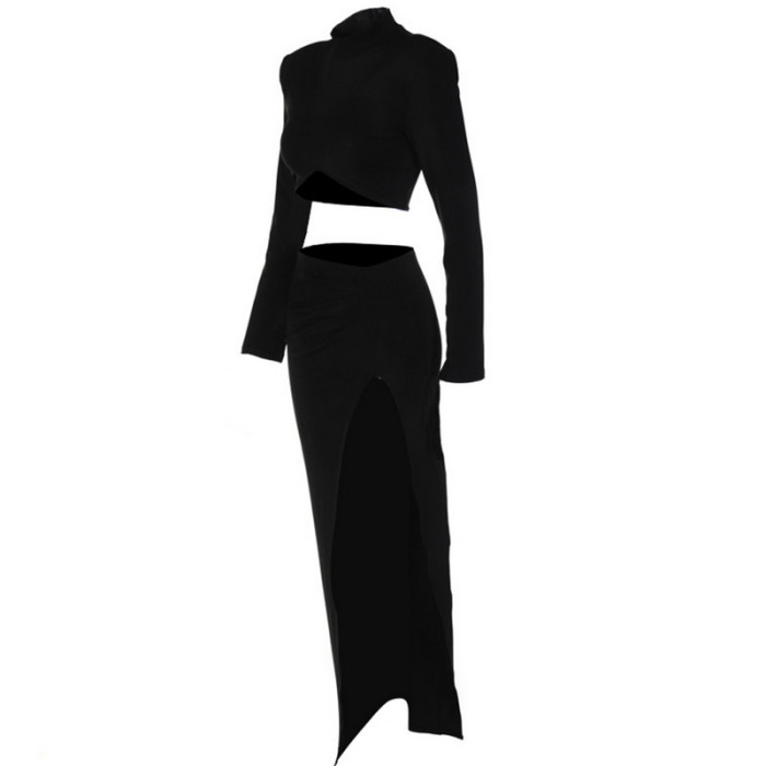 Fashion High Neck Long Sleeve Solid Color Sexy High Waist Slit Maxi Dress