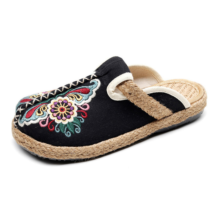 Women's Shoes Embroidered Woven Canvas Vintage Casual Mixed Color Slippers