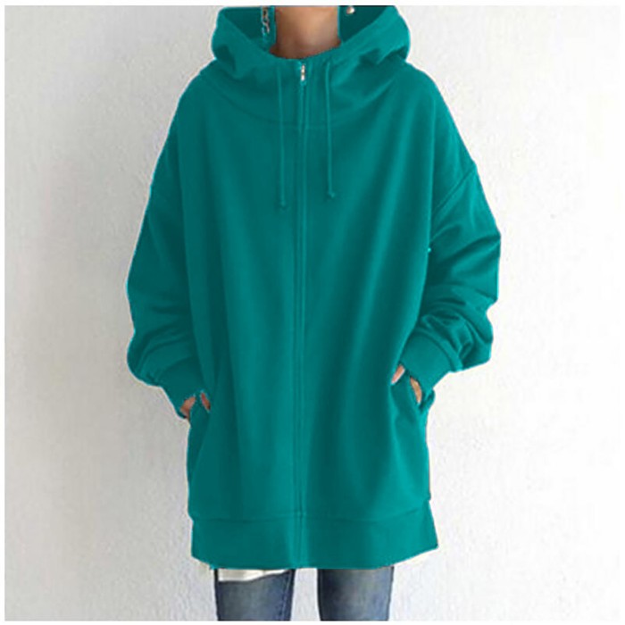 Plus Size Fashion Ladies Warm Zipper Hooded Casual Long Sleeve Jacket