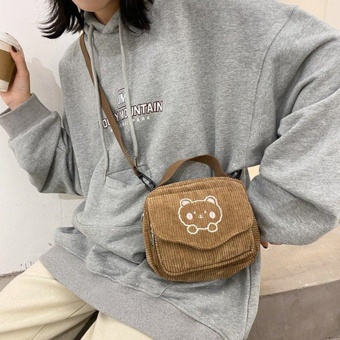 Women's Canvas Zip Up College Shoulder Crossbody Corduroy Tote Bag