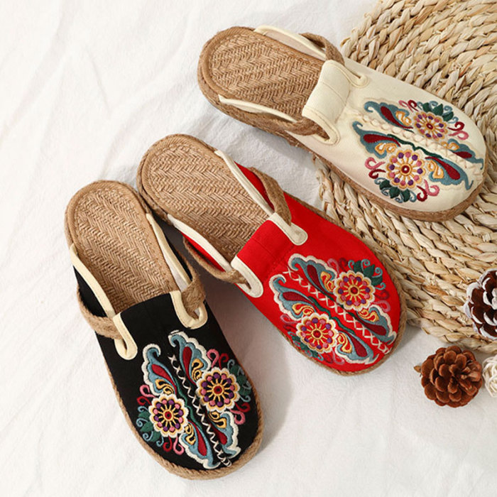 Women's Shoes Embroidered Woven Canvas Vintage Casual Mixed Color Slippers