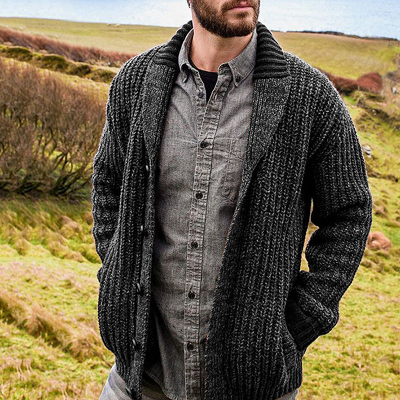 Men's Knitted Tweed Long Sleeve Lapel Collar Fashion Casual Sweater Cardigan Coat