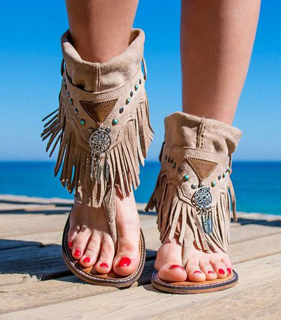 Tassel Flip High-Top Casual Flat Beaded Shell Sandals