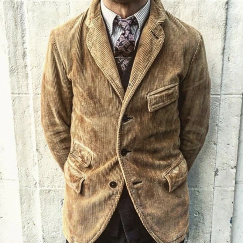 Men's Solid Color Fashionable Corduroy Lapel Long Sleeve Vintage Workwear Jacket
