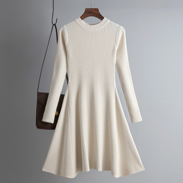 Fashion Solid Color A-Line Elegant Slim Knit Mini  Sweater Dress