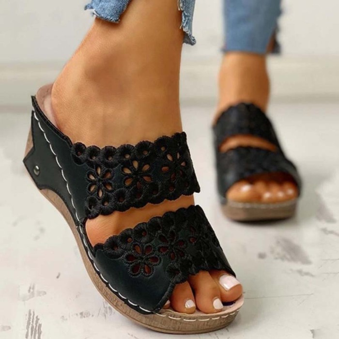 Sandals Fashion Embroidered Open Toe Platform Wedge Slippers