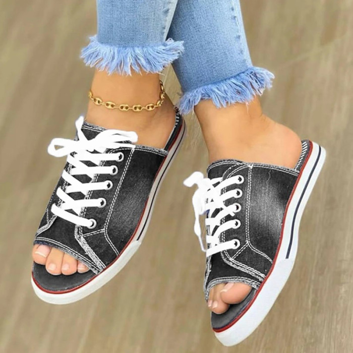 Women's Shoes Canvas Lace Up Open Toe Flat Casual Fashion Beach  Slippers