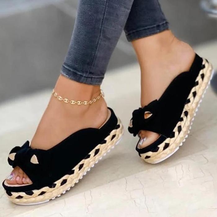 Women's Shoes Casual Solid Color Bow Thick Sole Fashion Woven Outdoor Sandals