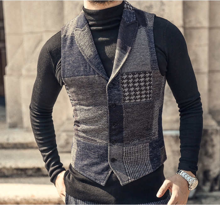 Men's Fashion Lapel Collar Stitching Retro Patch Plaid Wool Casual Slim Vest