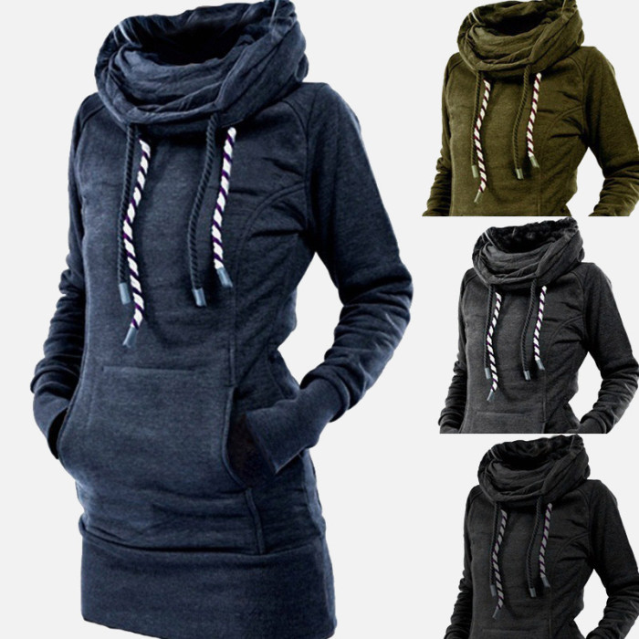 Fashion High Neck Solid Color Warm Tunic Hoodie Sweatshirts