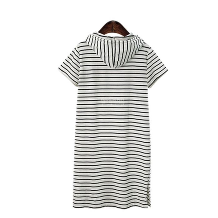 Fashion Hoodie Drawstring Stripe Loose Pocket O Neck Casual Dress