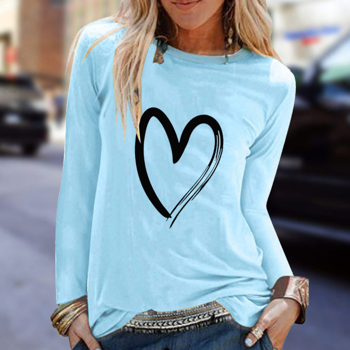 Print Long Sleeve Loose Casual Round Neck T-Shirt