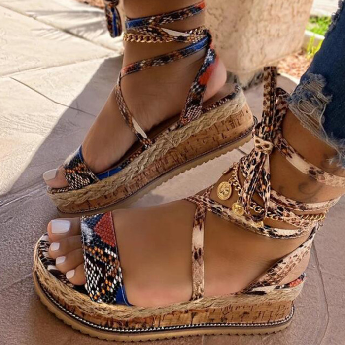 Print Platform High Heel Cross Strap Ankle Lace Open Toe Beach Party Sandals