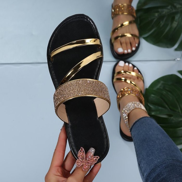 Women's Fashion Gold Silver Patent Leather Shiny Casual Flat  Slippers