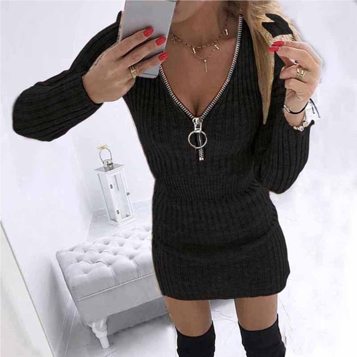 Fashion Casual Solid Color Zipper V Neck Long Sleeves Slim Party Sweater Dress