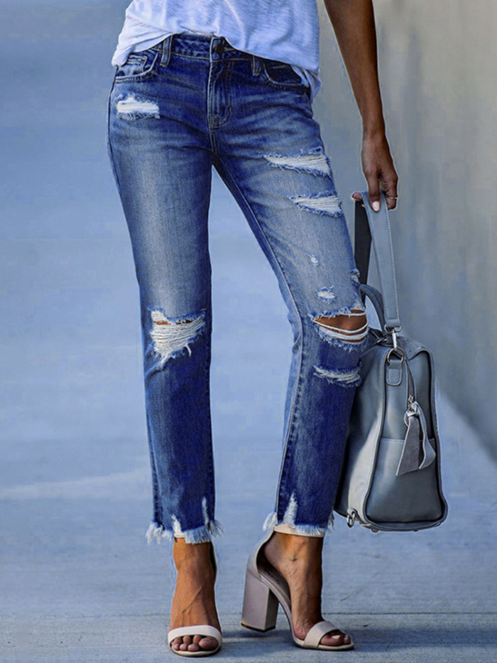 Fashion Washed Old Tassel Mid Rise Solid Color Slim Stretch Denim Jeans